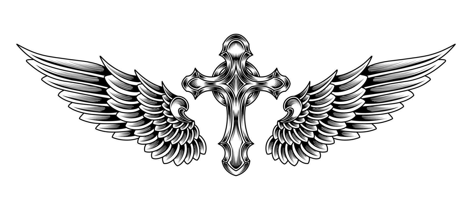 Vector cross of christ With angel wings tattoo