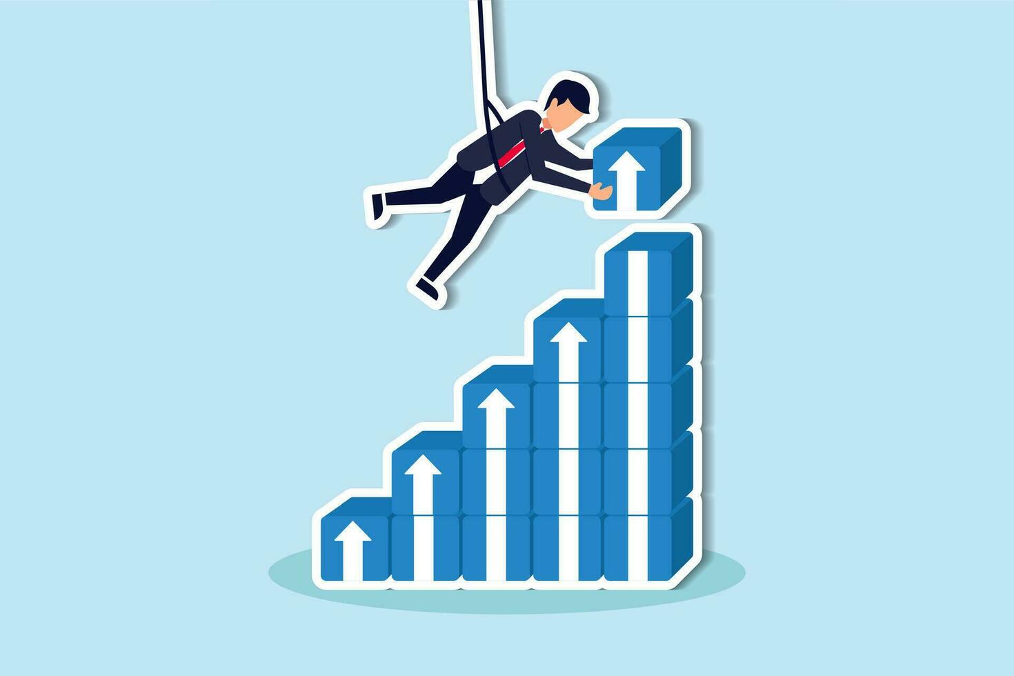 Business growth or investment profit increase, career path or skill development, effort and challenge to grow up in business concept, businessman hanging above stacking box of rising up growth arrow. vector