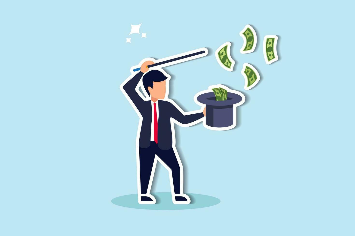 Get rich fast, make money or profit from investment,FED or central bank stimulation money, financial or wealth advisor concept, businessman magician using magic wand to make money from magical hat. vector