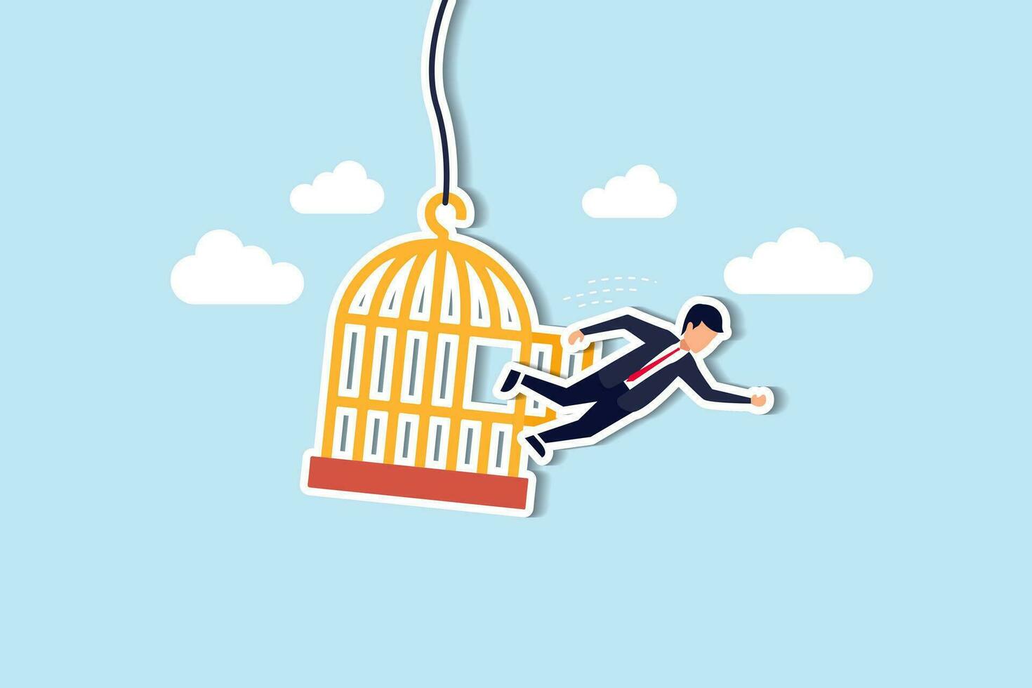 Courage to escape for freedom, get out of comfort zone to find new job, open mind or fly away for better life, hope and liberty concept, courage businessman escape from bird cage jump and fly away. vector