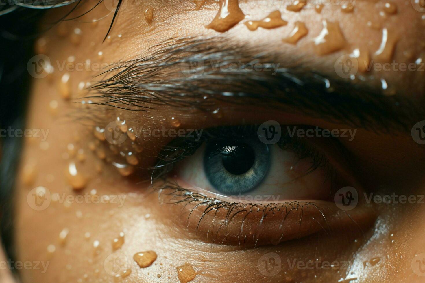 AI generated Dark contrast close up of sweat drops on a forehead photo