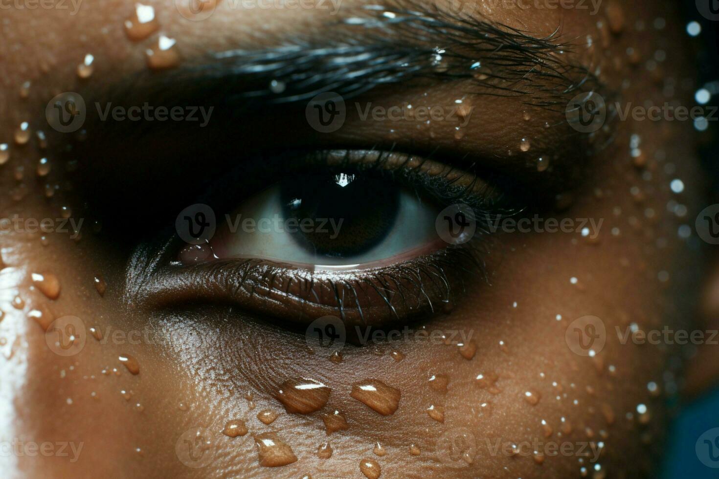 AI generated Forehead intensity close up of sweat beads against a dark background photo