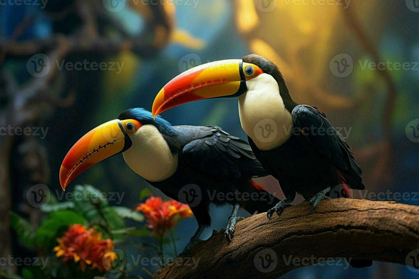 AI generated Toucans vibrancy a colorful portrait against the lush forest background photo