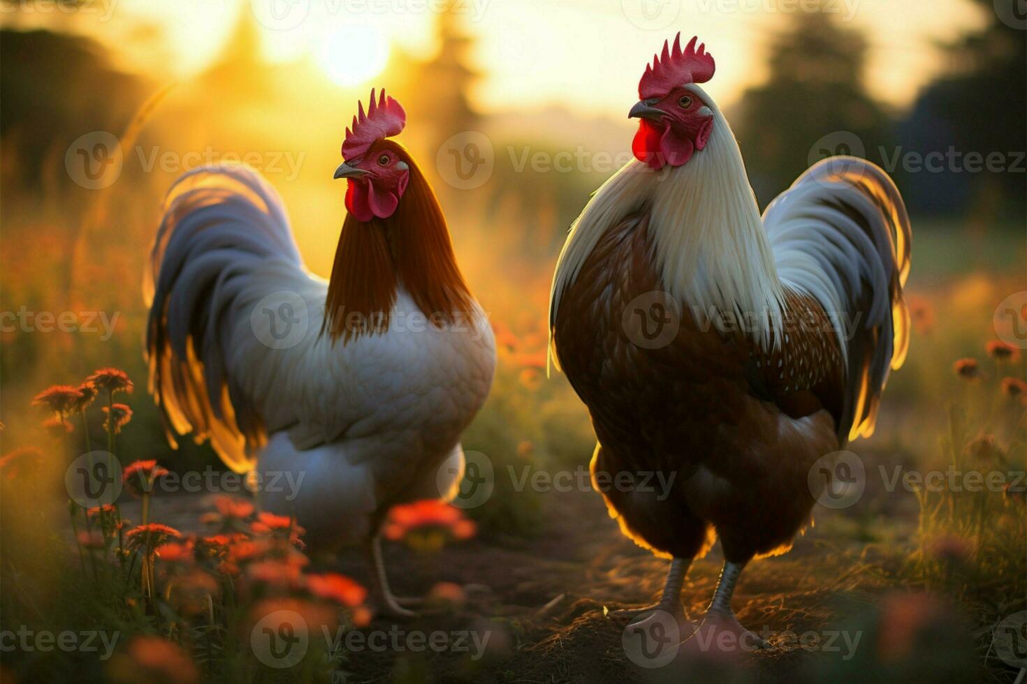 ai generado gallos orgullo desplegado en un pintoresco prado ajuste foto