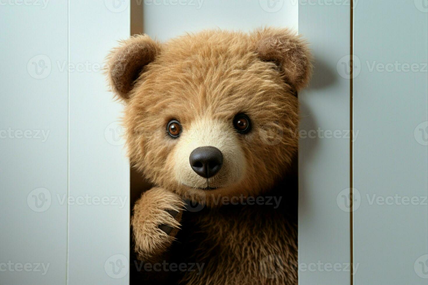 AI generated Teddys antics Brown bear playfully hides behind a white door photo