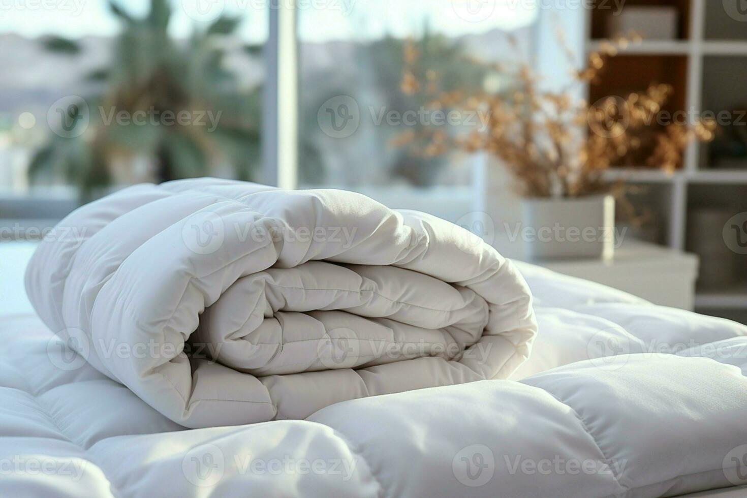 AI generated White comfort Elegant pillow and blanket, luxurious down comforter on bed photo