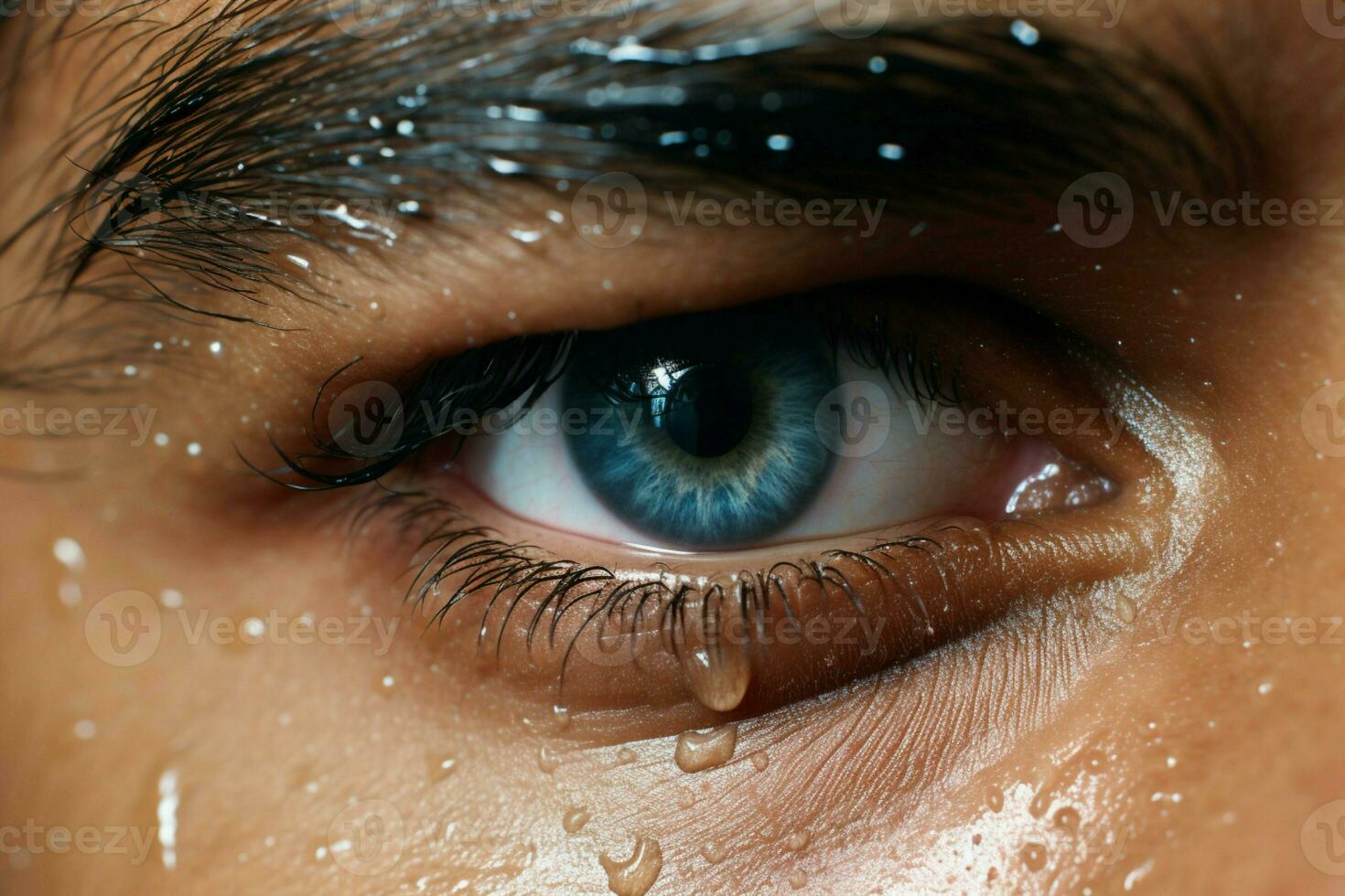 AI generated Dark contrast close up of sweat drops on a forehead photo