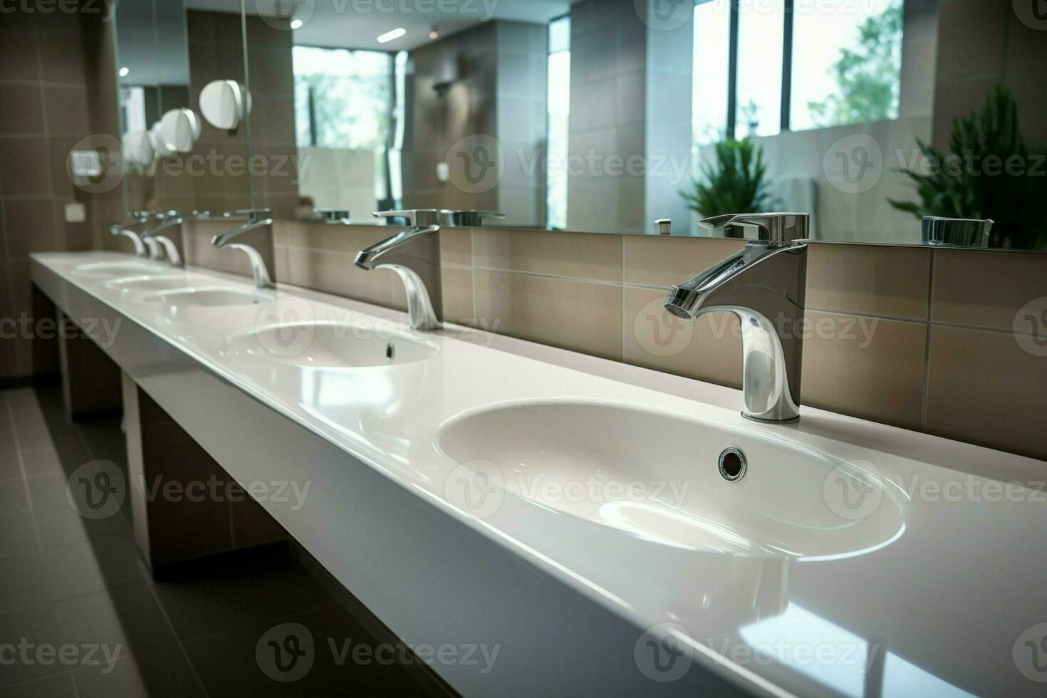 AI generated White ceramic wash sink basins, mirrors in modern public bathroom photo