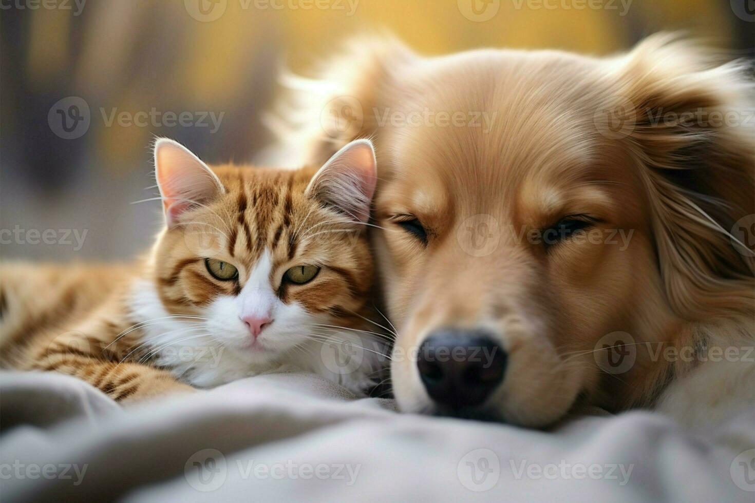 ai generado mascota armonía gato y perro acurrucarse en pacífico coexistencia durante un compartido siesta foto