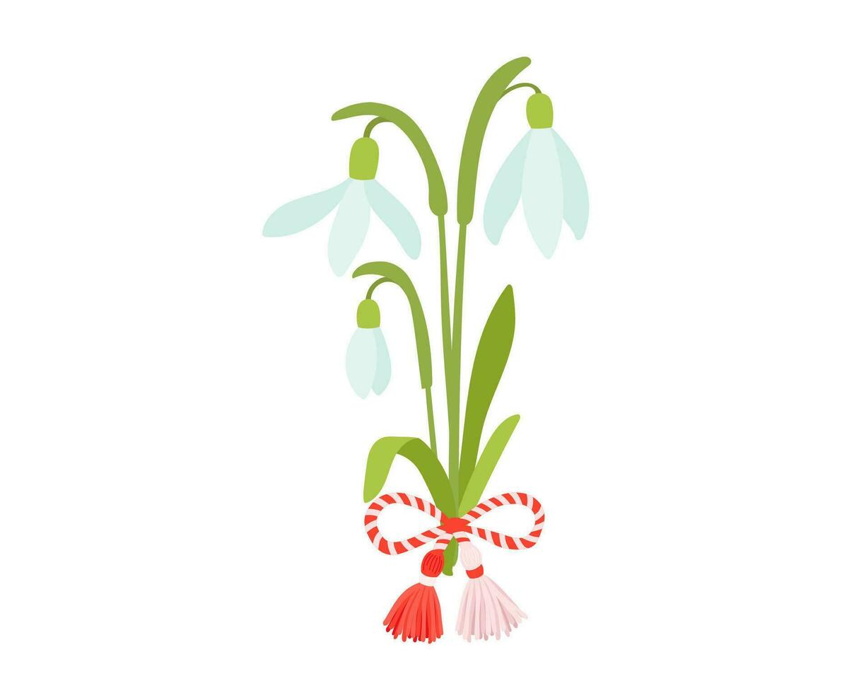 Vector martisor talisman on flower snowdrop, traditional accessory for holiday of early spring in Romania and Moldova. Romanian symbol of spring.