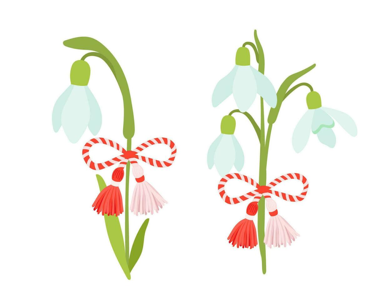 vector martisor talismán en flor campanilla de febrero, tradicional accesorio para fiesta de temprano primavera en Rumania y Moldavia. rumano símbolo de primavera.