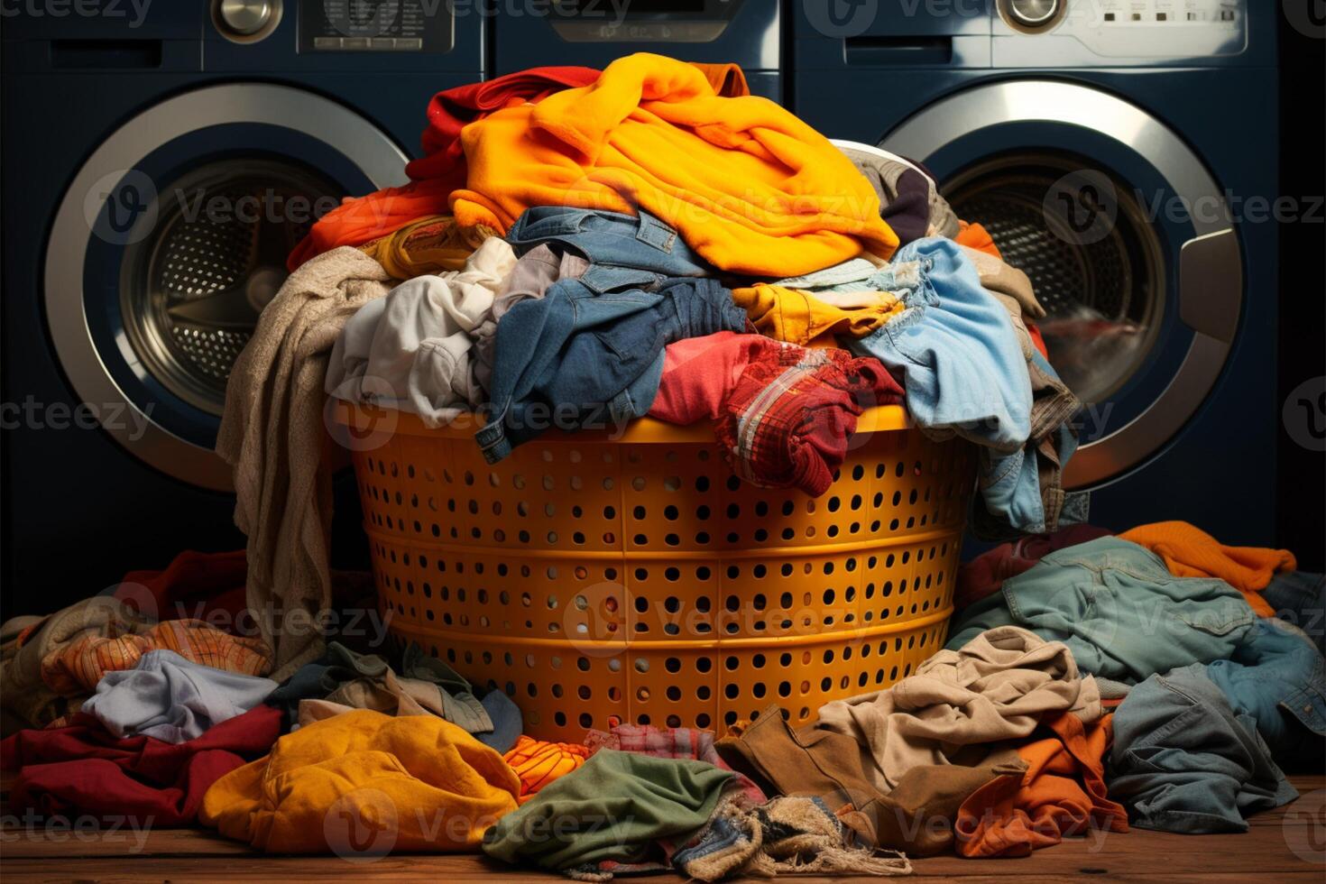 AI generated Laundry chaos a basket overflows with a mountain of unsorted, dirty clothes photo