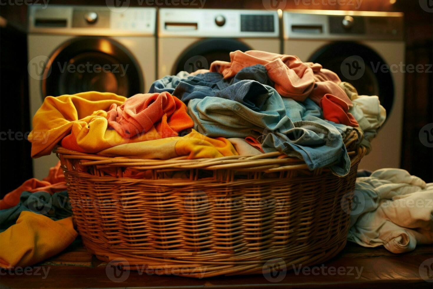 AI generated A basket brims with worn garments, awaiting the cleaning embrace of the laundry photo