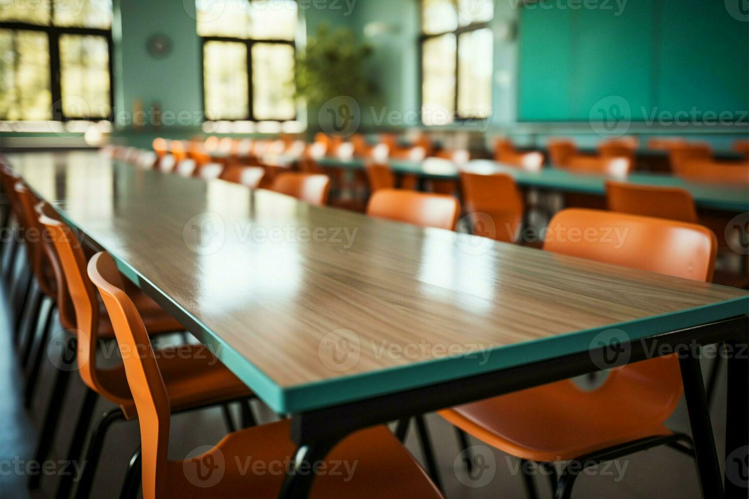 AI generated Unoccupied learning space View of an empty classroom background blurred photo