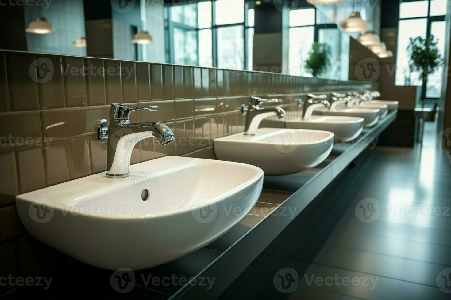 AI generated Row of white ceramic wash sinks and mirrors in modern restroom photo