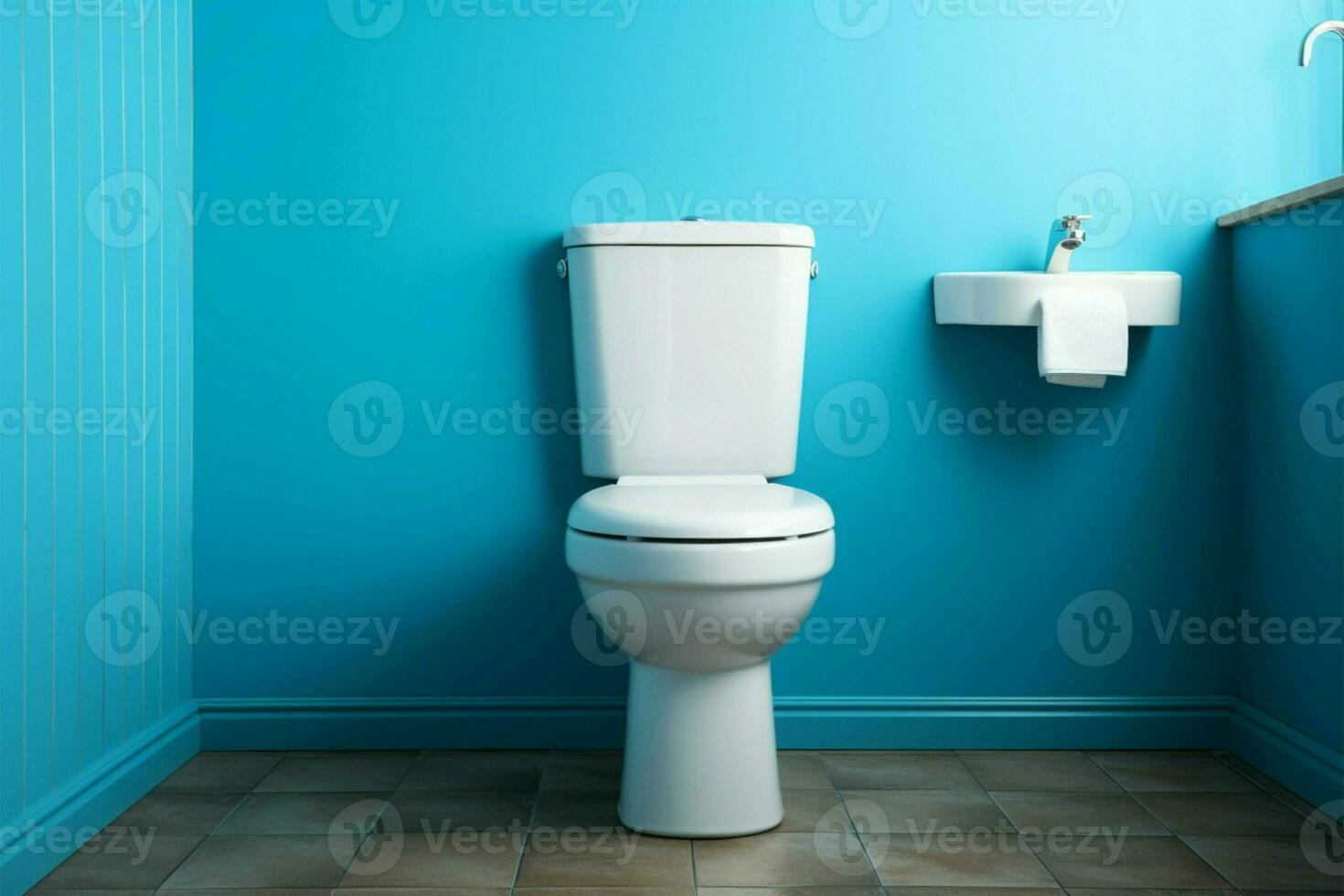 AI generated White toilet on blue wall creates a refreshing and aesthetically pleasing bathroom scene photo