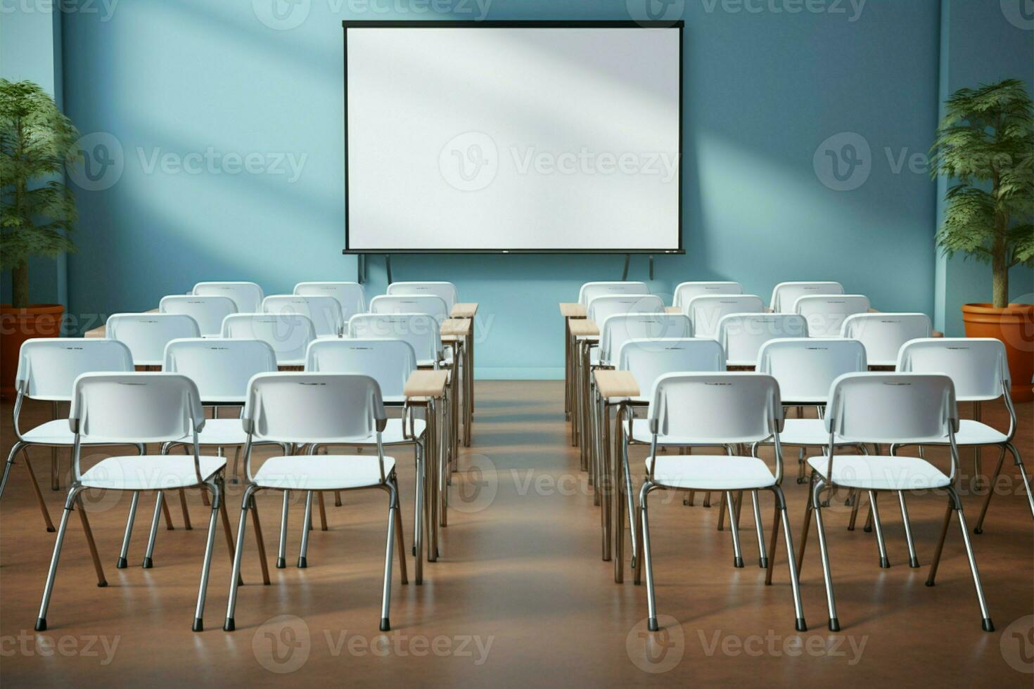 AI generated Class arrangement Chairs complement a white board in an academic setting photo