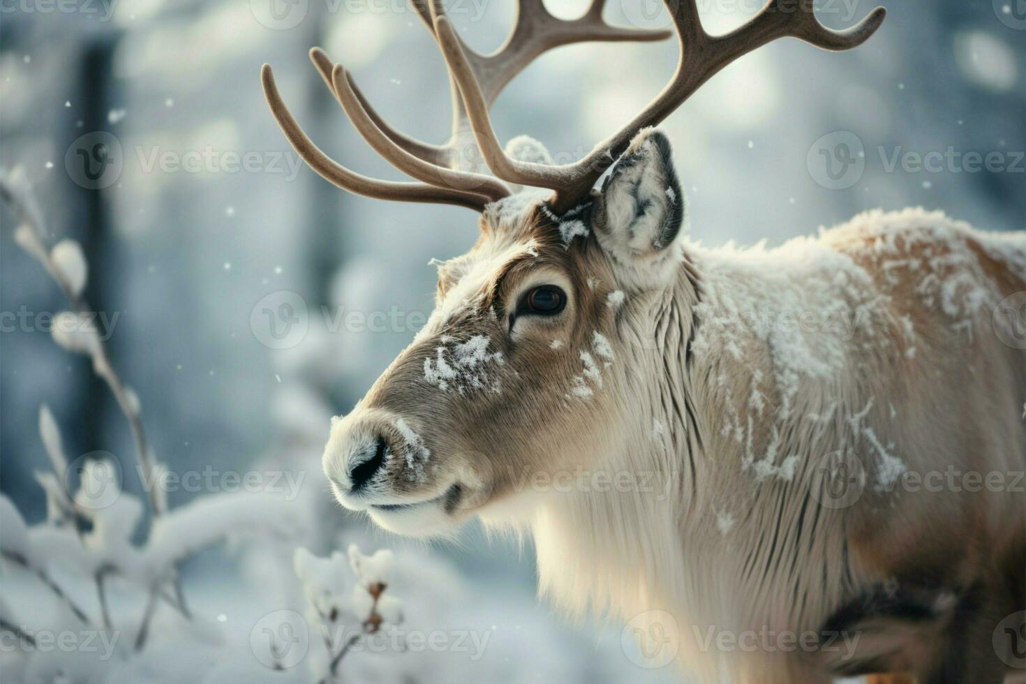 ai generado Nevado refugio reno atravesar un invierno bosque, agregando un toque de encantador gracia foto