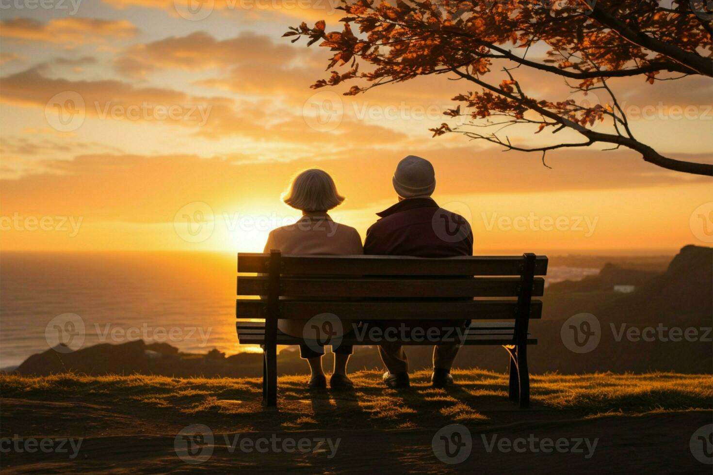 AI generated Sunset companionship a senior couple finds solace and joy on a bench photo