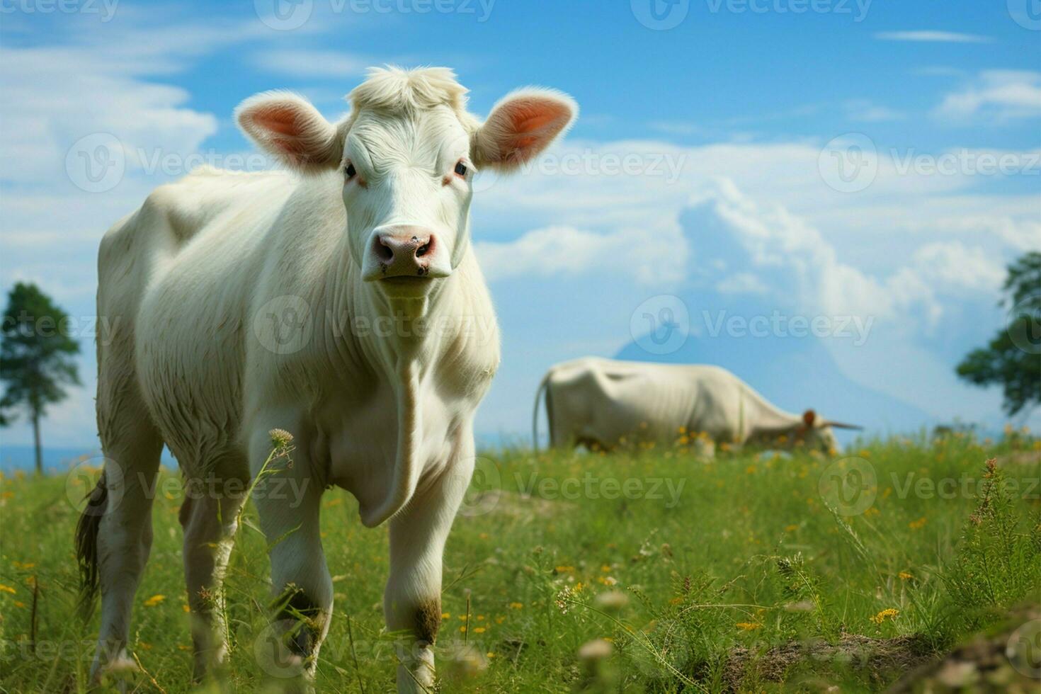 AI generated Meadow encounter a white cow captivates in the green expanse photo