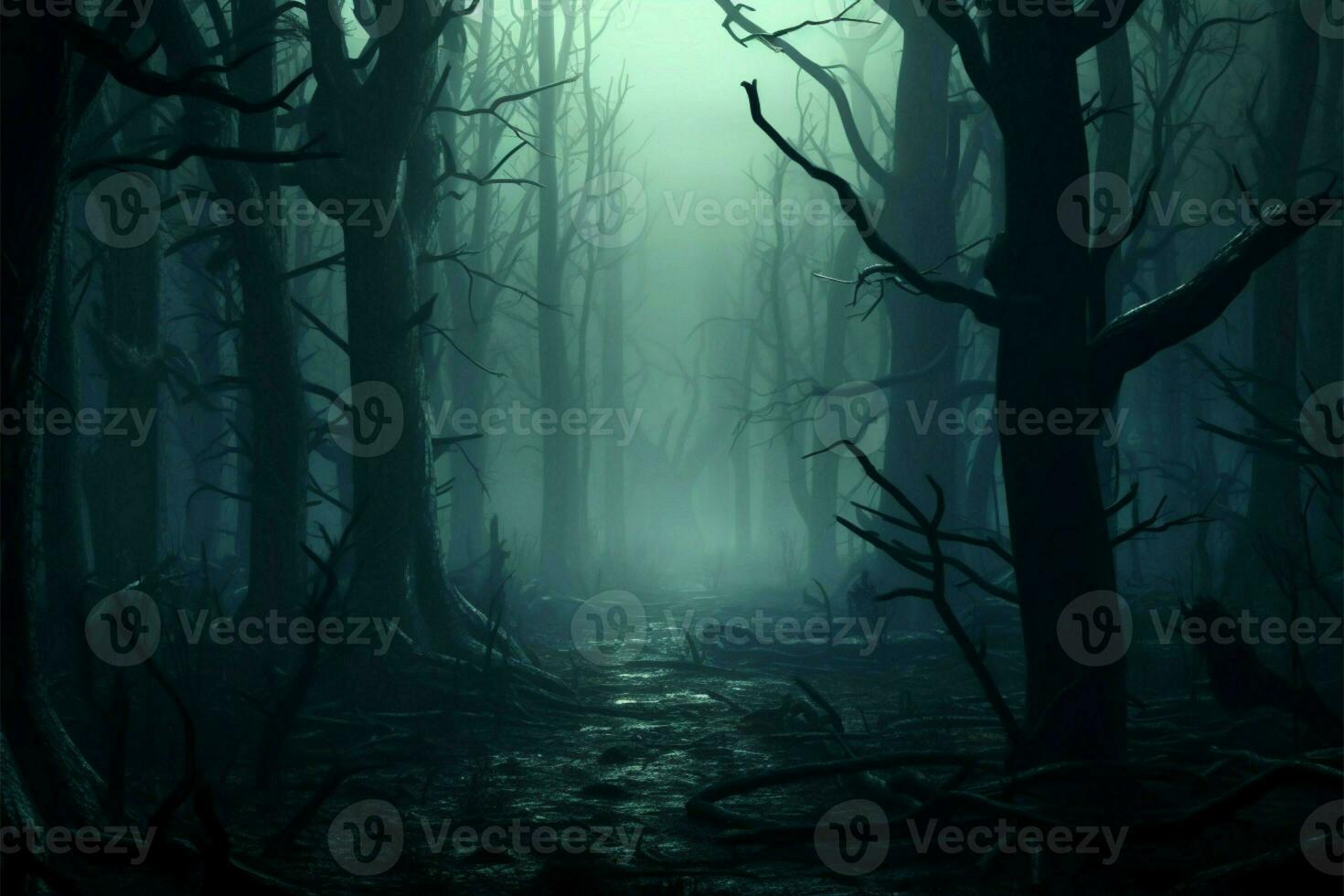 AI generated Creepy landscape Dark forest shrouded in haunted mist, 3D rendering photo