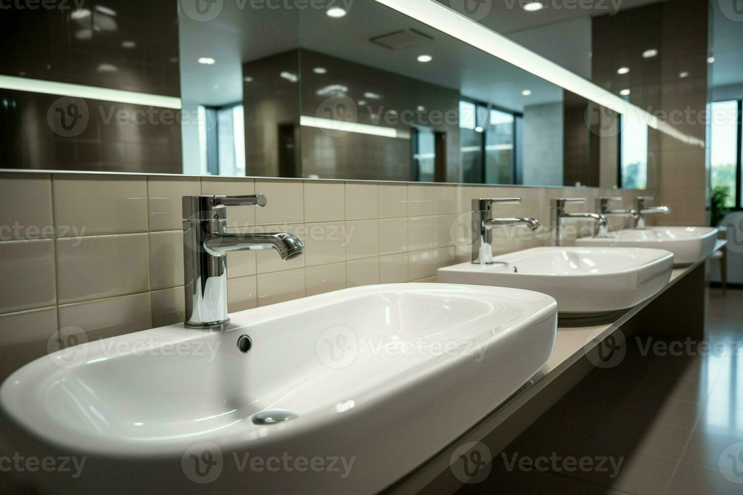 AI generated Restroom concept Modern public bathroom with row of white sinks photo