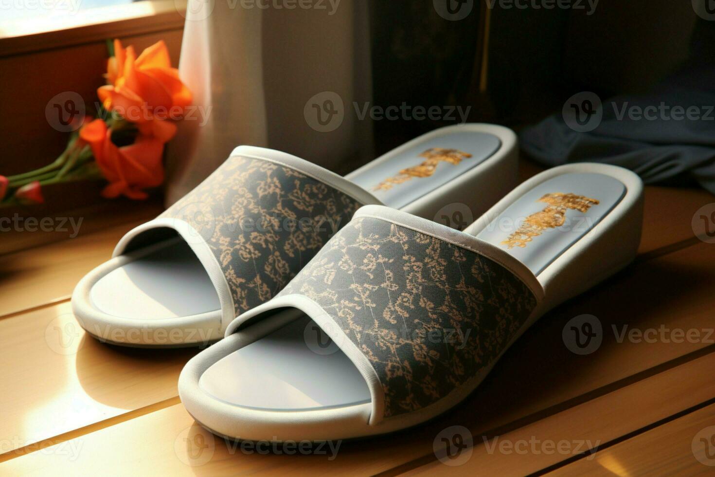 AI generated Relaxed elegance womans soft slippers bring comfort to her home photo