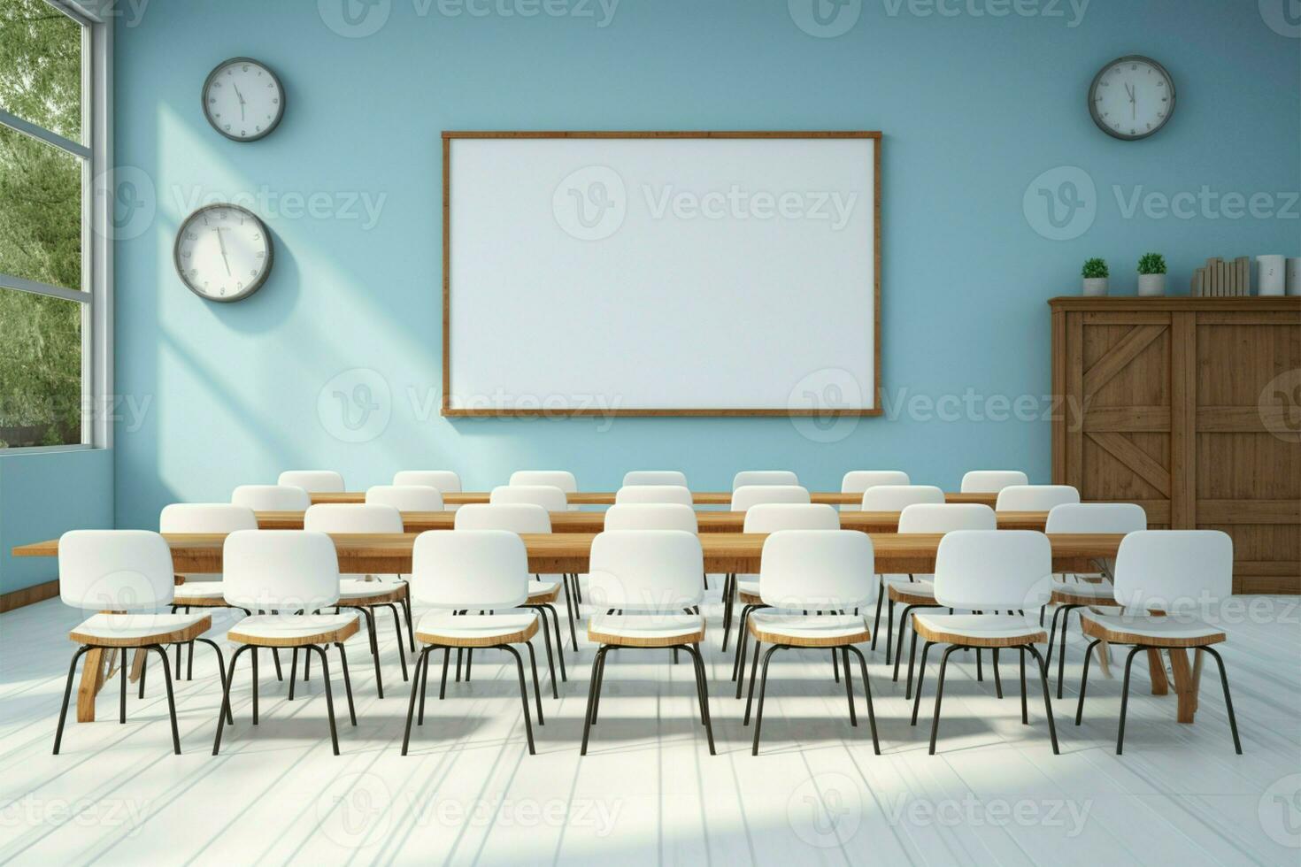 ai generado educativo ambiente blanco tablero y sillas conjunto en un salón de clases foto