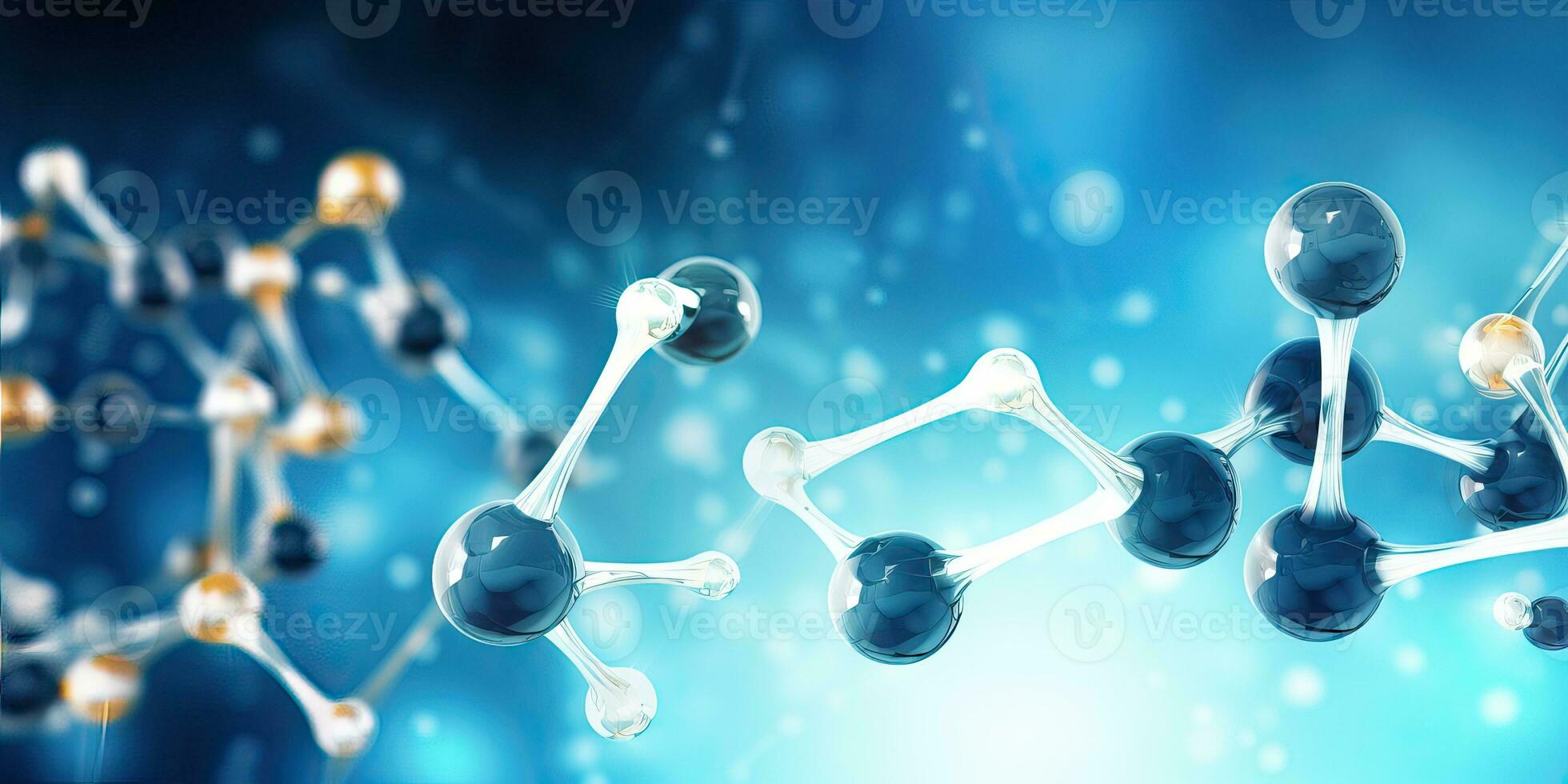 AI generated Horizontal banner with model of abstract molecular structure. Background of blue color with glass photo