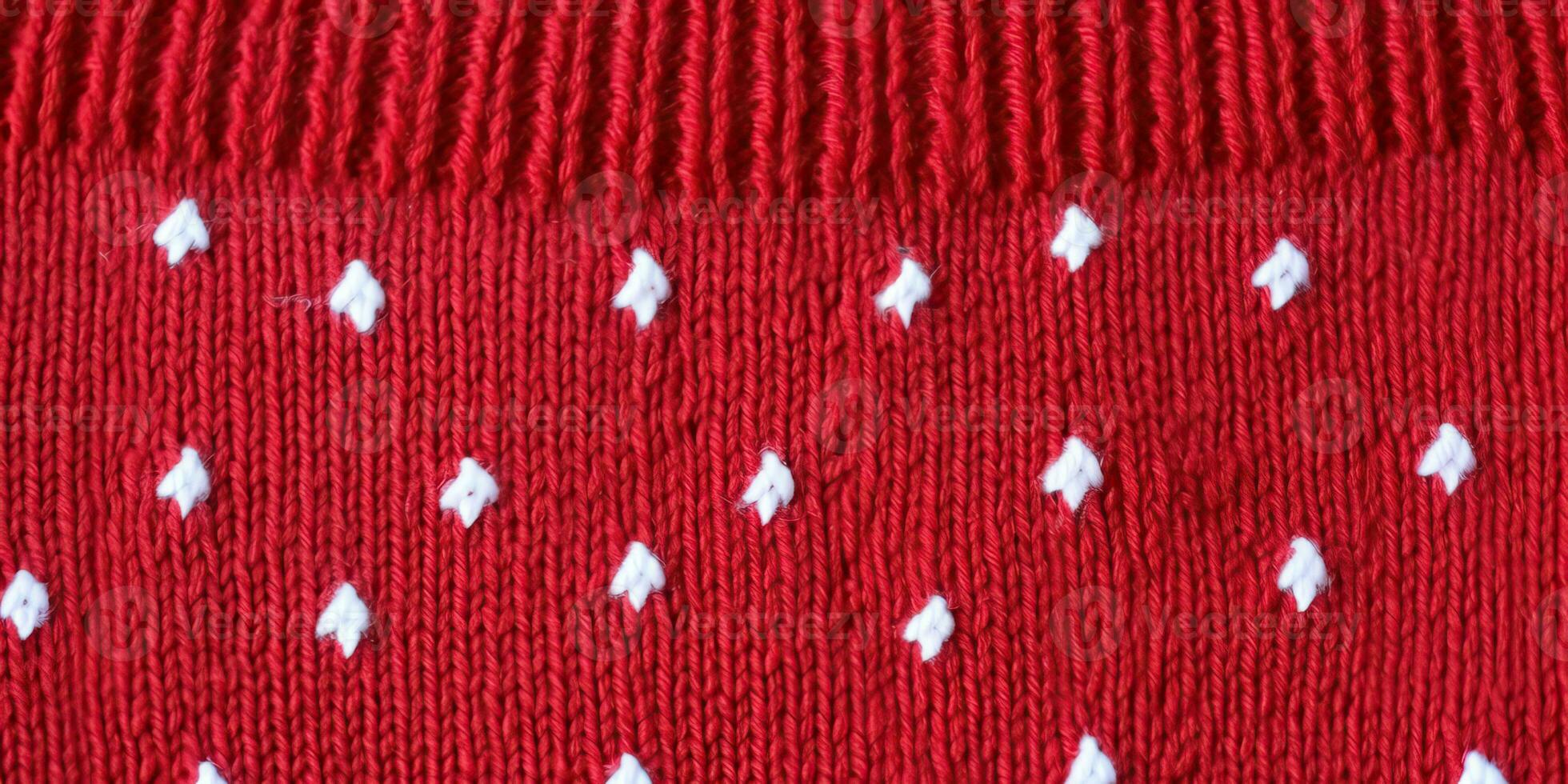AI generated Wool sweater texture of red color with white dotted. Natural knitted wool dark red color material photo