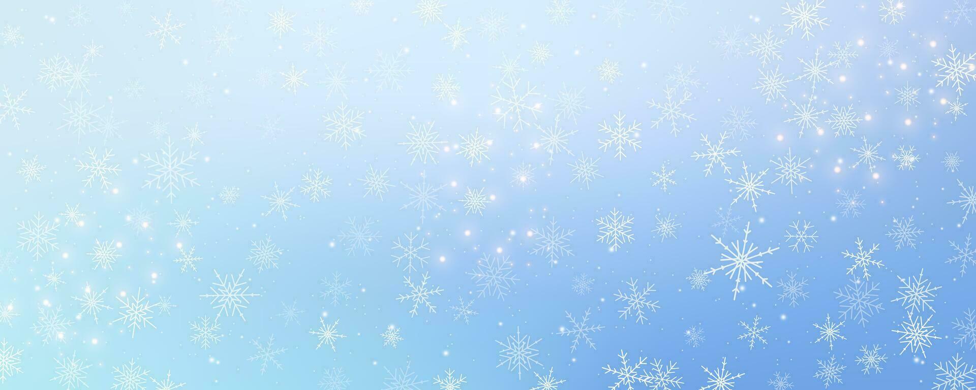 Christmas snowy background. Cold white blue winter sky. Vector ice blizzard on gradient texture with flakes. Festive new year theme for season sale wallpaper.