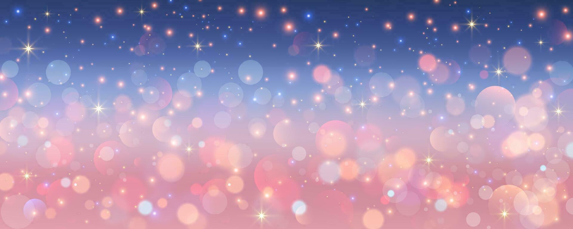 Bokeh sky background. Light pink pastel galaxy abstract wallpaper with glitter stars. Fantasy space with sparkles. Festive Christmas night design. Vector