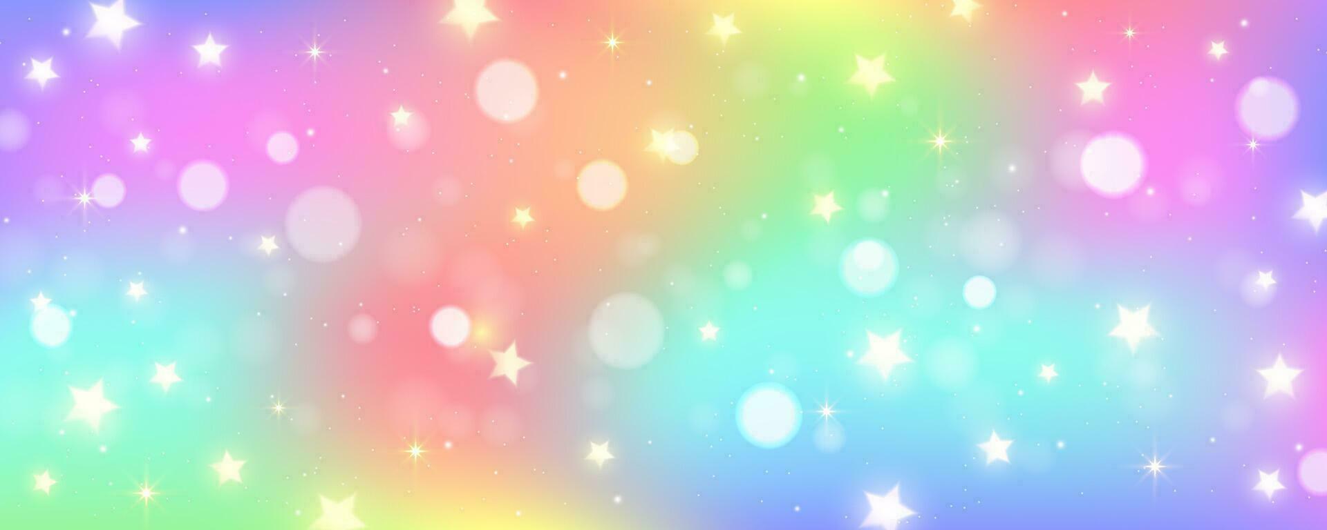 Rainbow unicorn background. Pastel watercolor sky with glitter stars and bokeh. Fantasy galaxy with holographic texture. Magic marble space. Vector