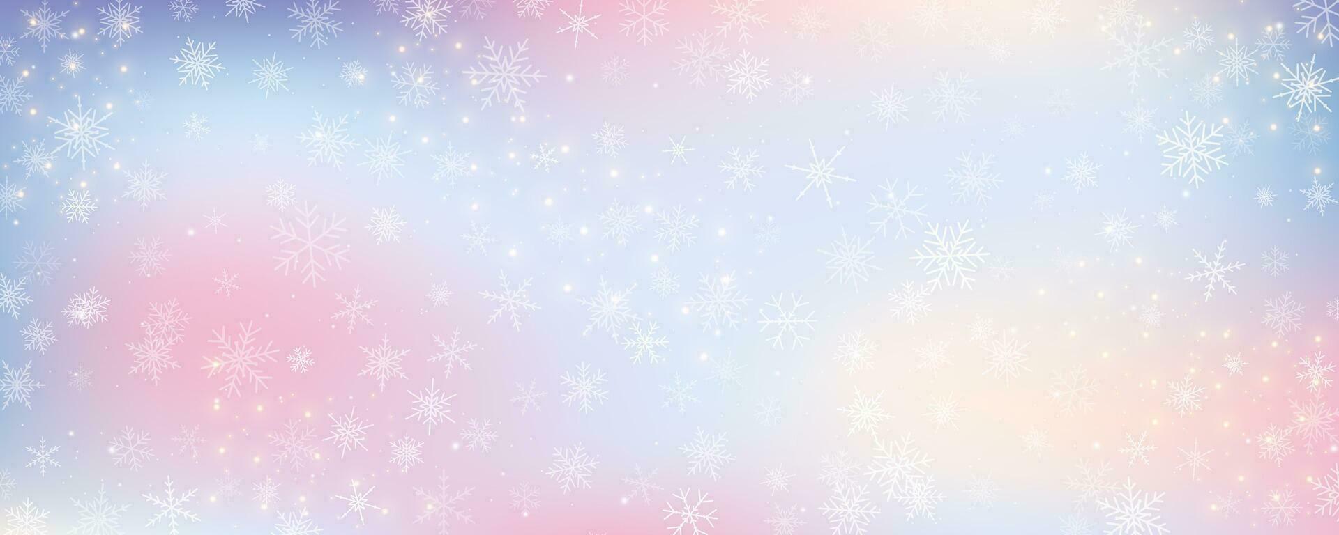 Christmas snowy background. Cold pink blue winter sky. Vector ice blizzard on gradient texture with bokeh and flakes. Festive new year theme for season sale wallpaper.