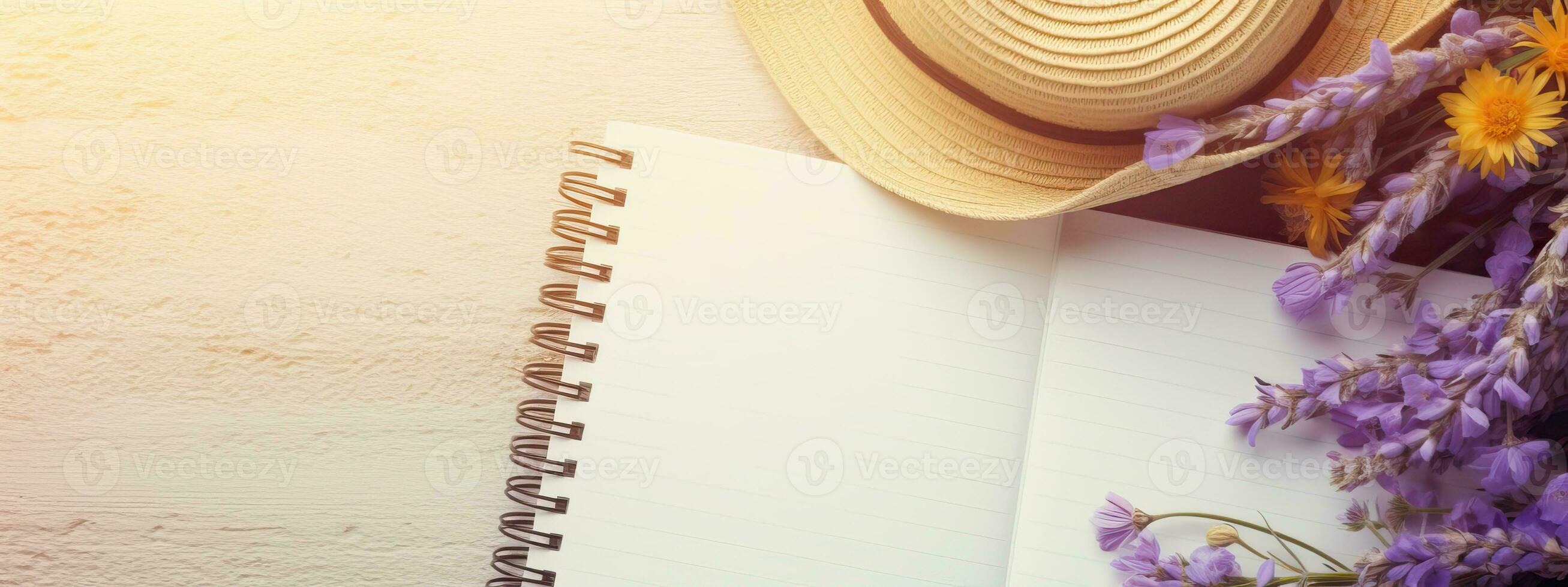 AI generated Blank writing book with summer flowers and a straw hat in the background, copy space. Flat lay with photo