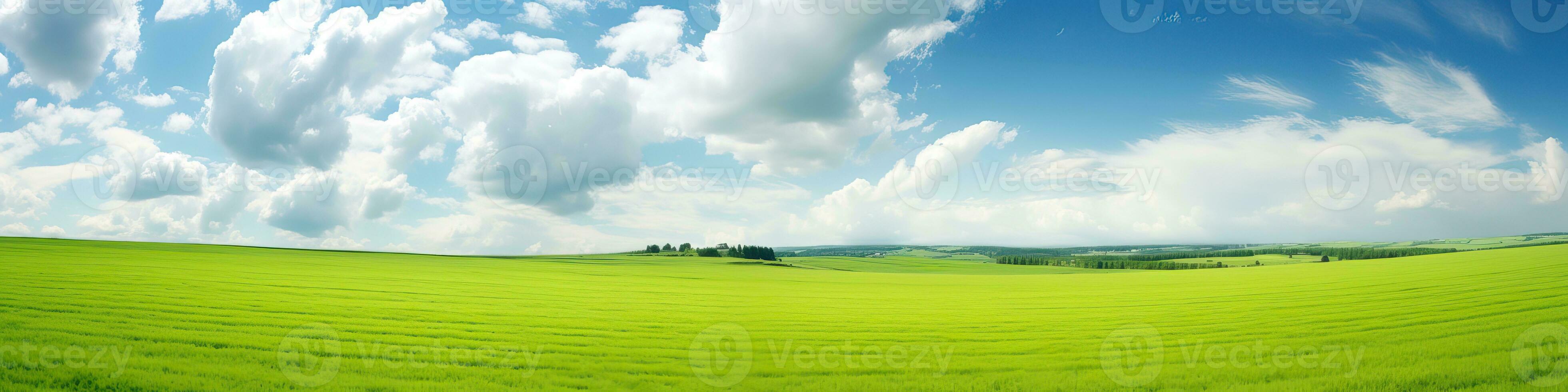 AI generated Beautiful natural scenic panorama green field of cut grass into and blue sky with clouds on horizon photo