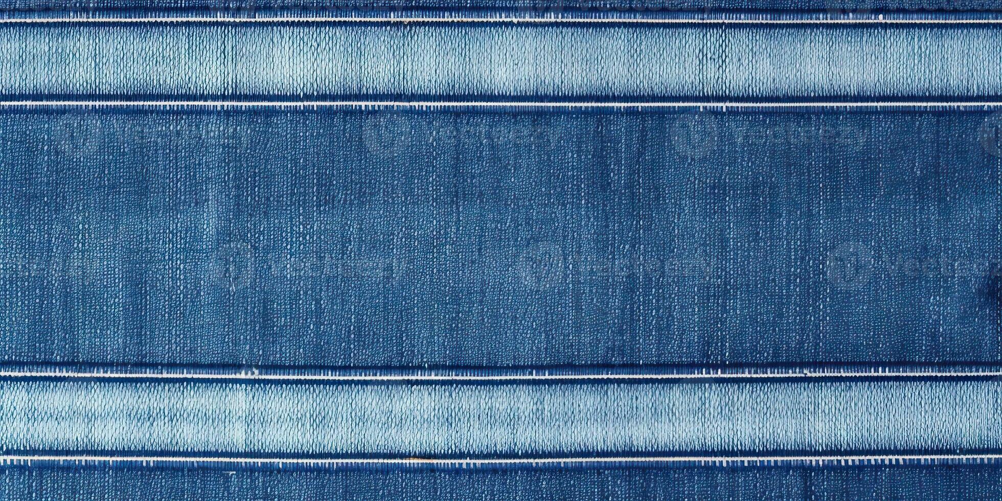 AI generated Blue denim background with striped borders. Navy color denim jeans fabric texture. Copy space for photo