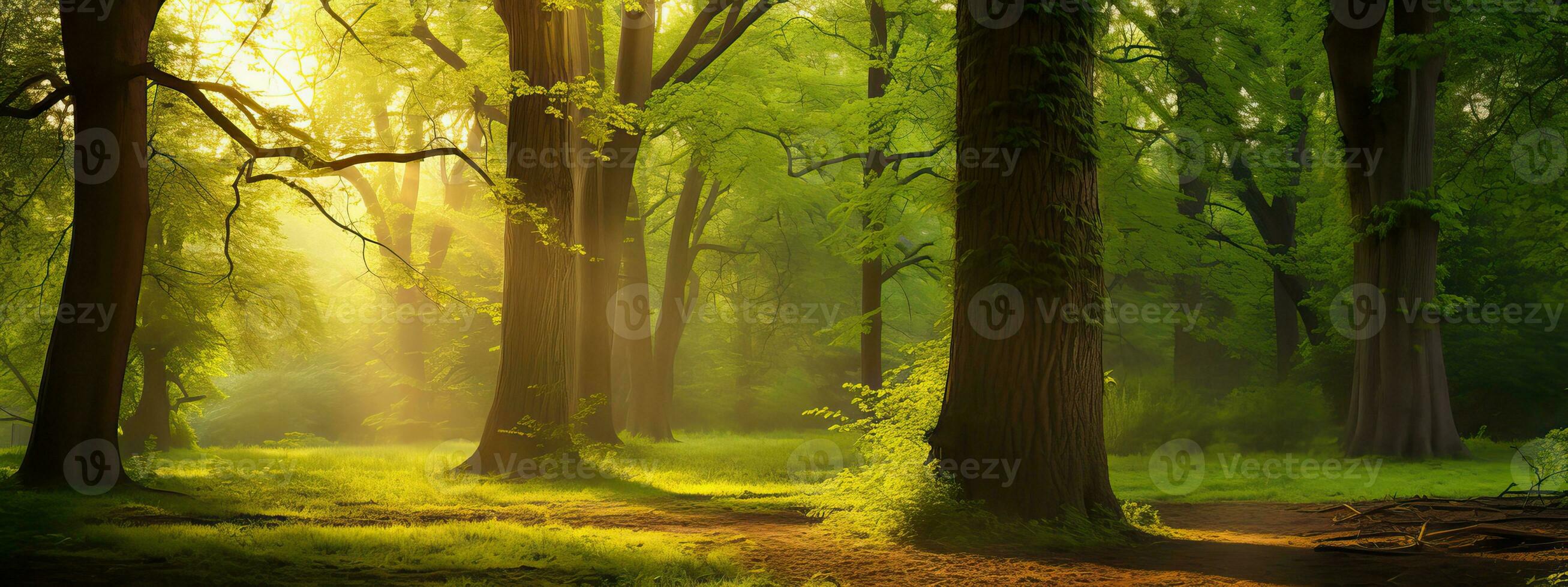 AI generated Beautiful rays of sunlight in a green summer oak forest photo