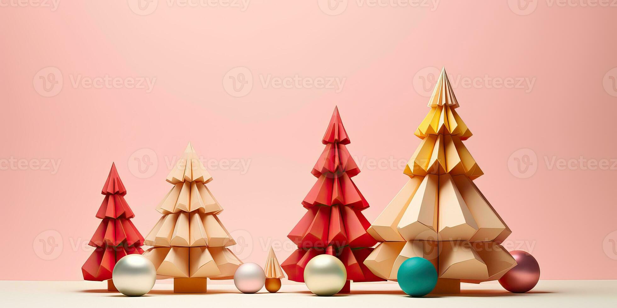 AI generated Creative Christmas tree with golden and red balls isolated on pink background. Banner for New Year's photo