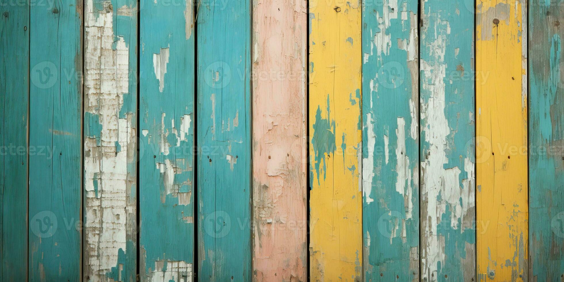 AI generated Texture of vintage wood boards with cracked paint of yellow, blue and green color. Horizontal retro photo