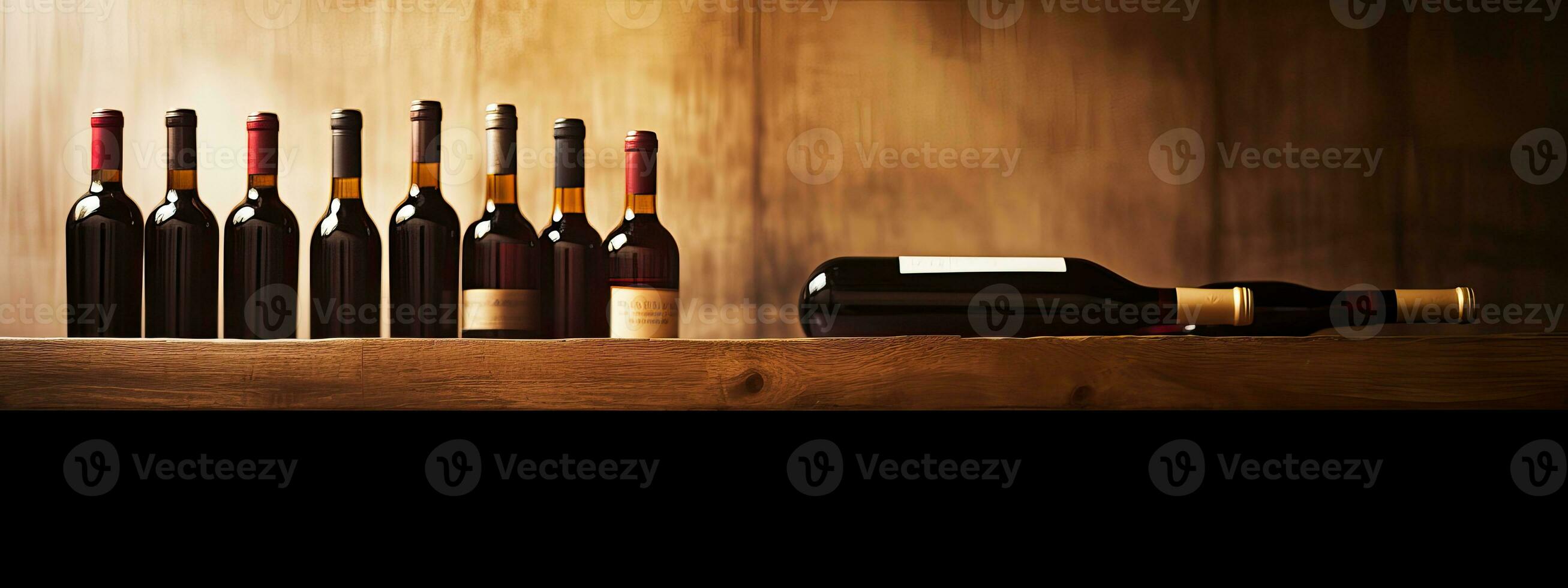 AI generated Bottles of red wine on a wooden shelf. banner background for winery, bar or shop photo