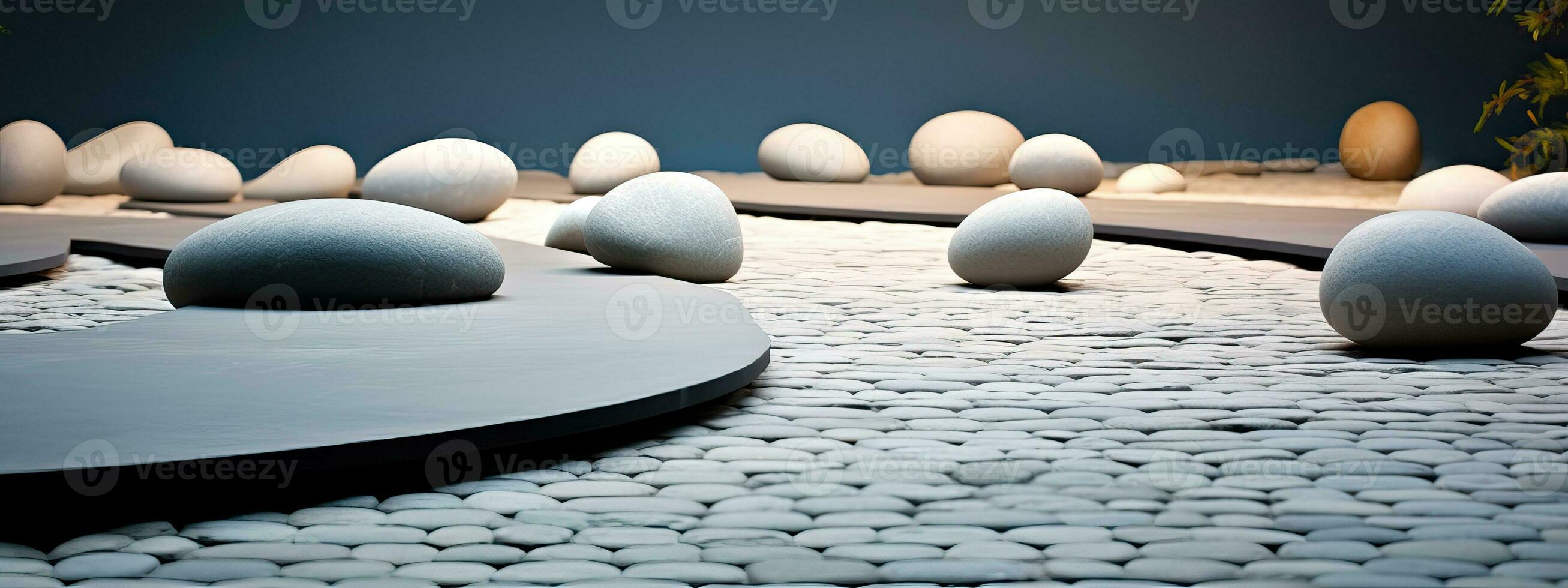 AI generated A beautiful blue background for presentations with a podium and masonry round stones in a soothing photo