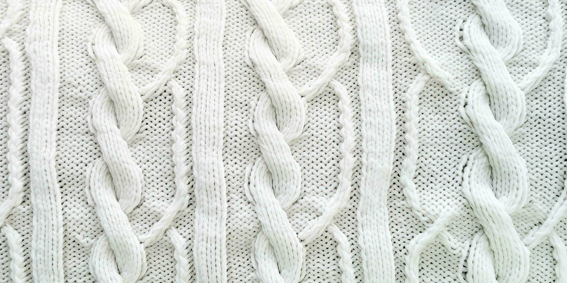 AI generated Wool sweater texture of white color with cable knitting stitch pattern. Natural knitted wool white photo