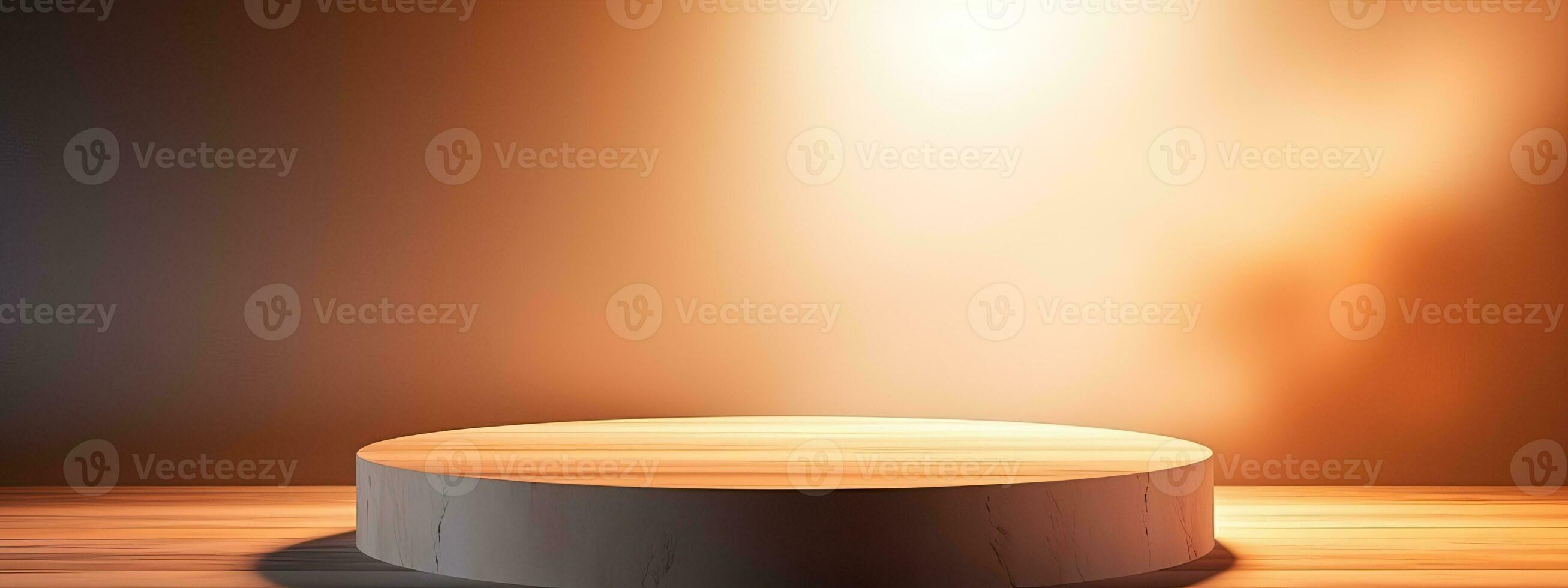 AI generated Round wooden podium with beautiful backlighting and haze in delicate pastel golden brown tones photo