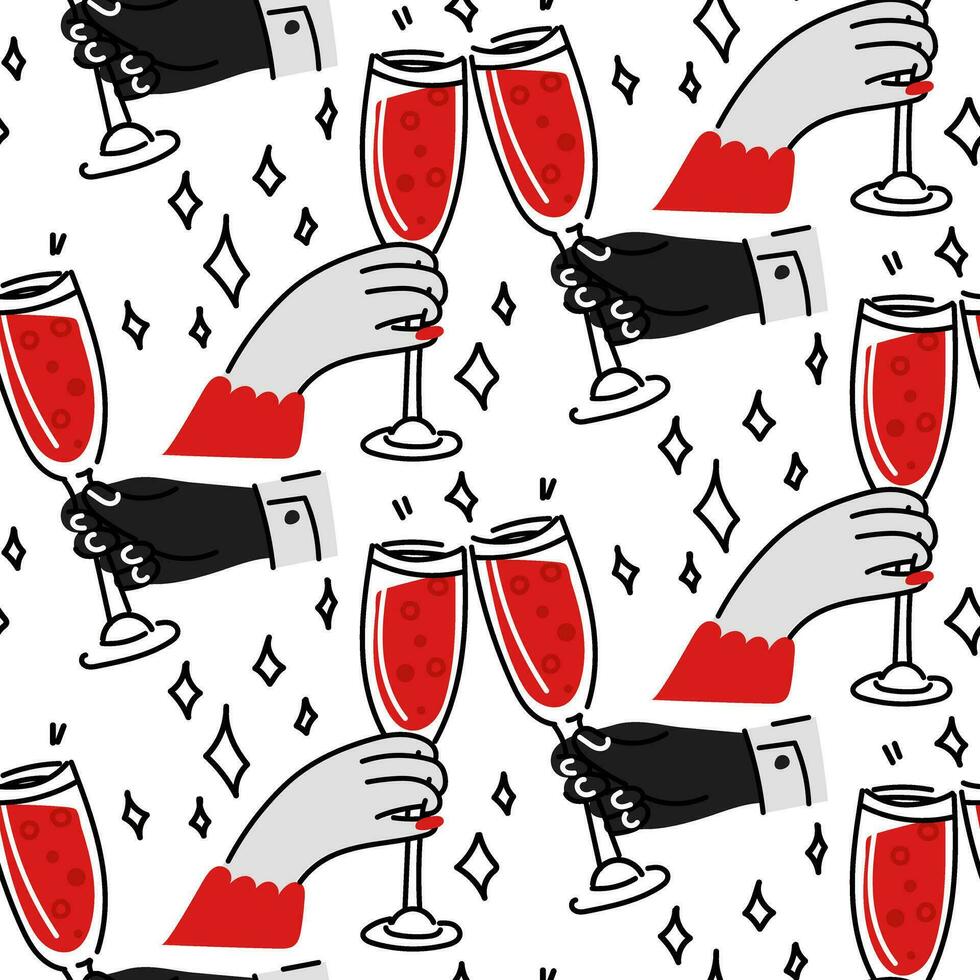 The pattern of male and female hands clinking glasses. Hands holding wine glasses, clinking champagne glasses. Seamless pattern modern vector illustration in flat doodle style.