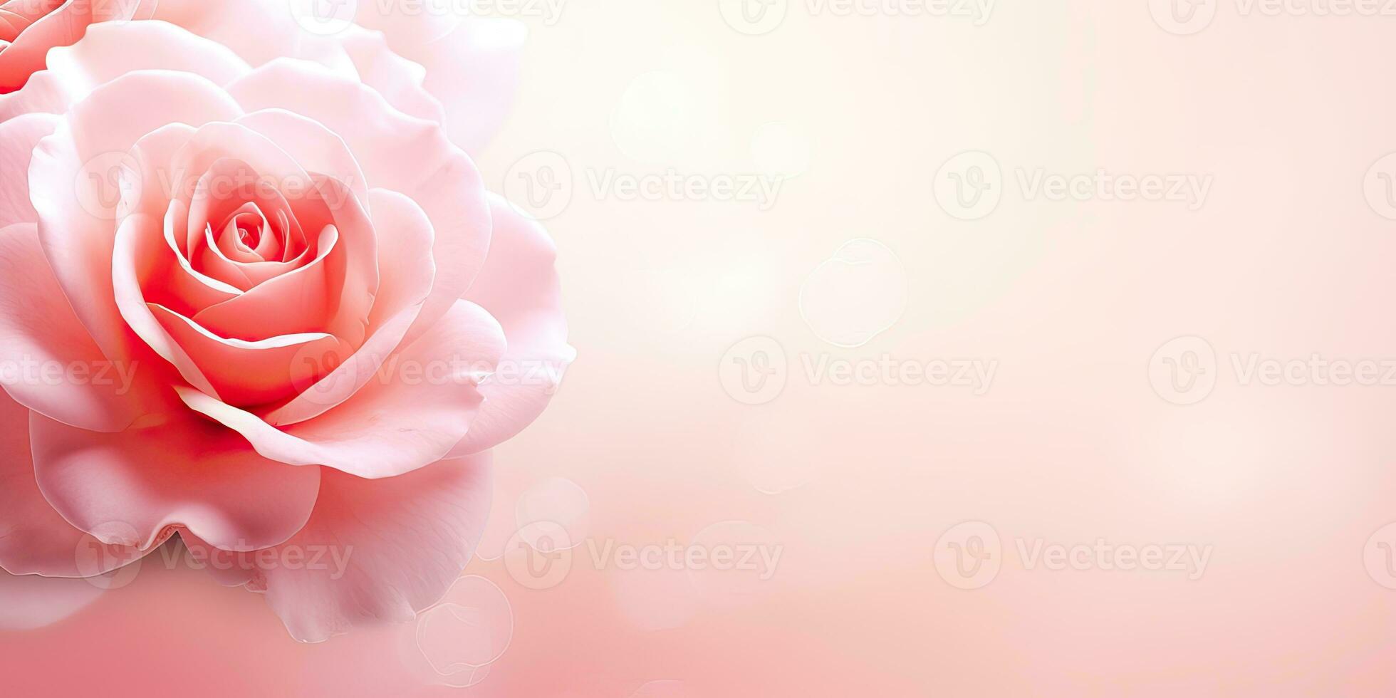 AI generated Horizontal banner with rose of pink color on blurred background. Copy space for text. Mock up photo