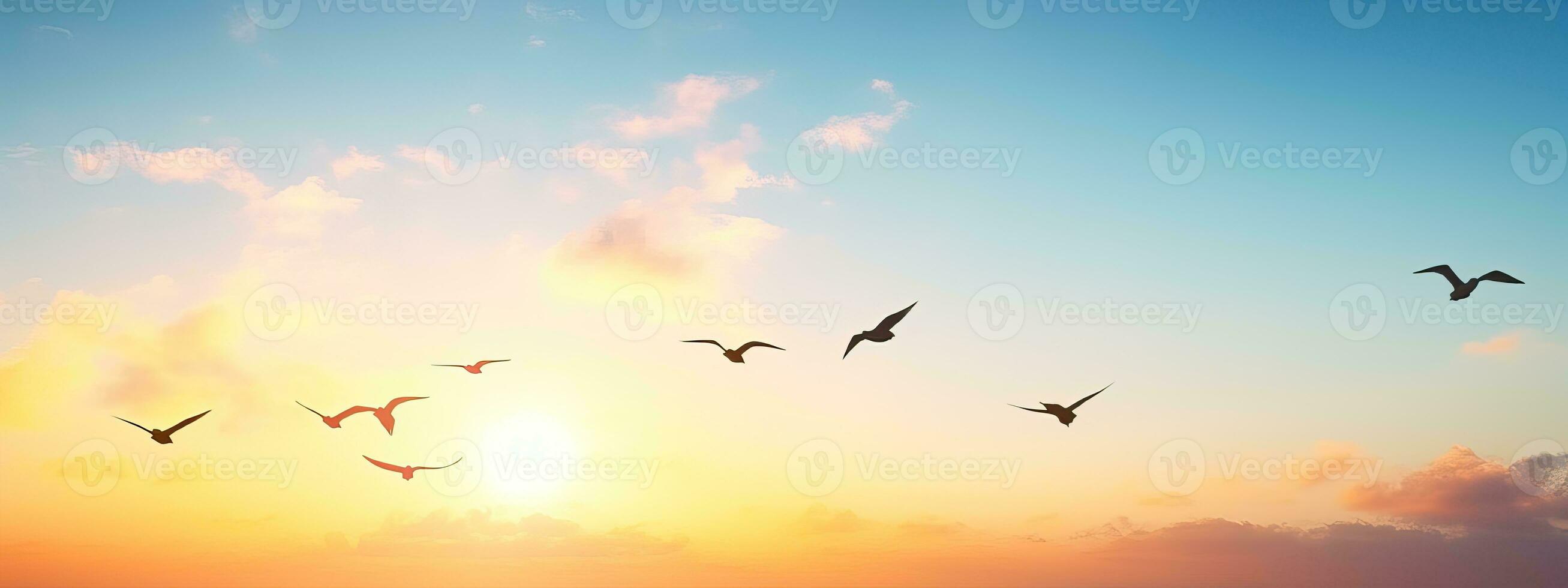 AI generated abstract beautiful peaceful summer morning sky background, sunrise new day and flying flock of birds photo