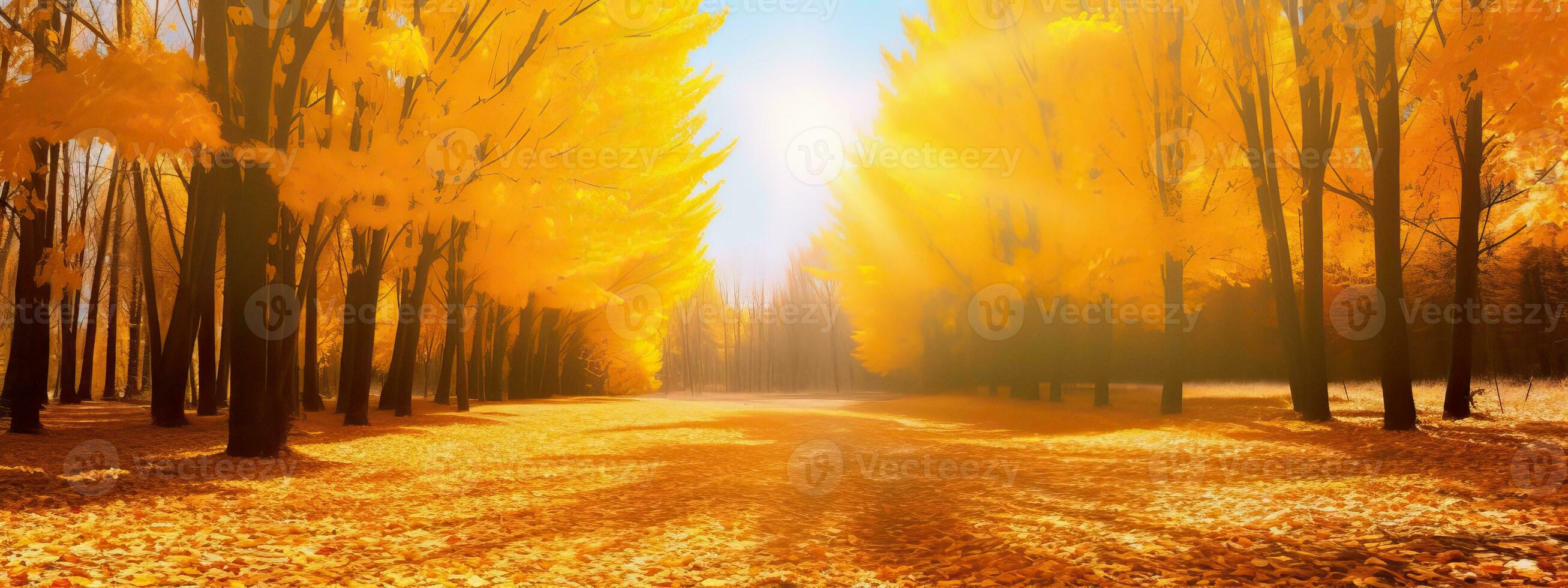 AI generated Beautiful bright colorful autumn landscape with a carpet of yellow leaves and a light slight haze photo