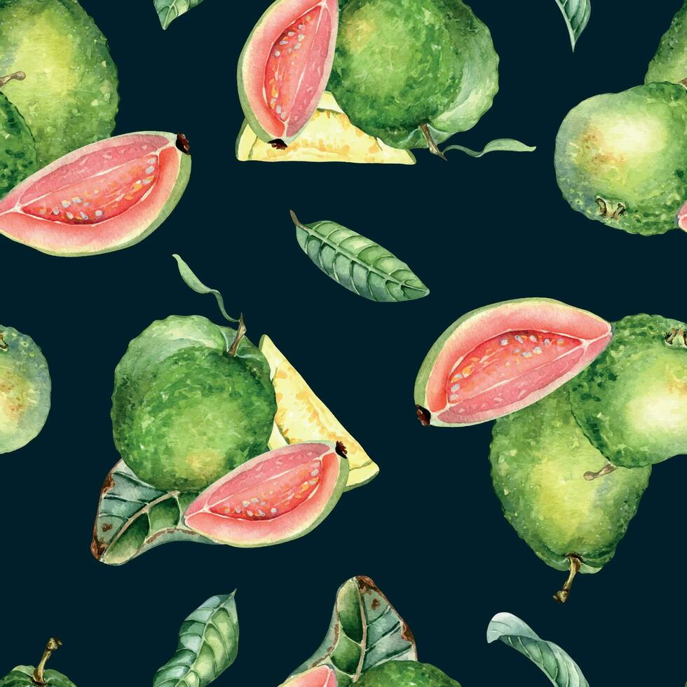 Whole guava and slices, leaves watercolor seamless pattern isolated on black. Tropical fruit, pink, yellow pulp guajava hand drawn. Design for wrapping, packaging, textile, background, wallpaper vector