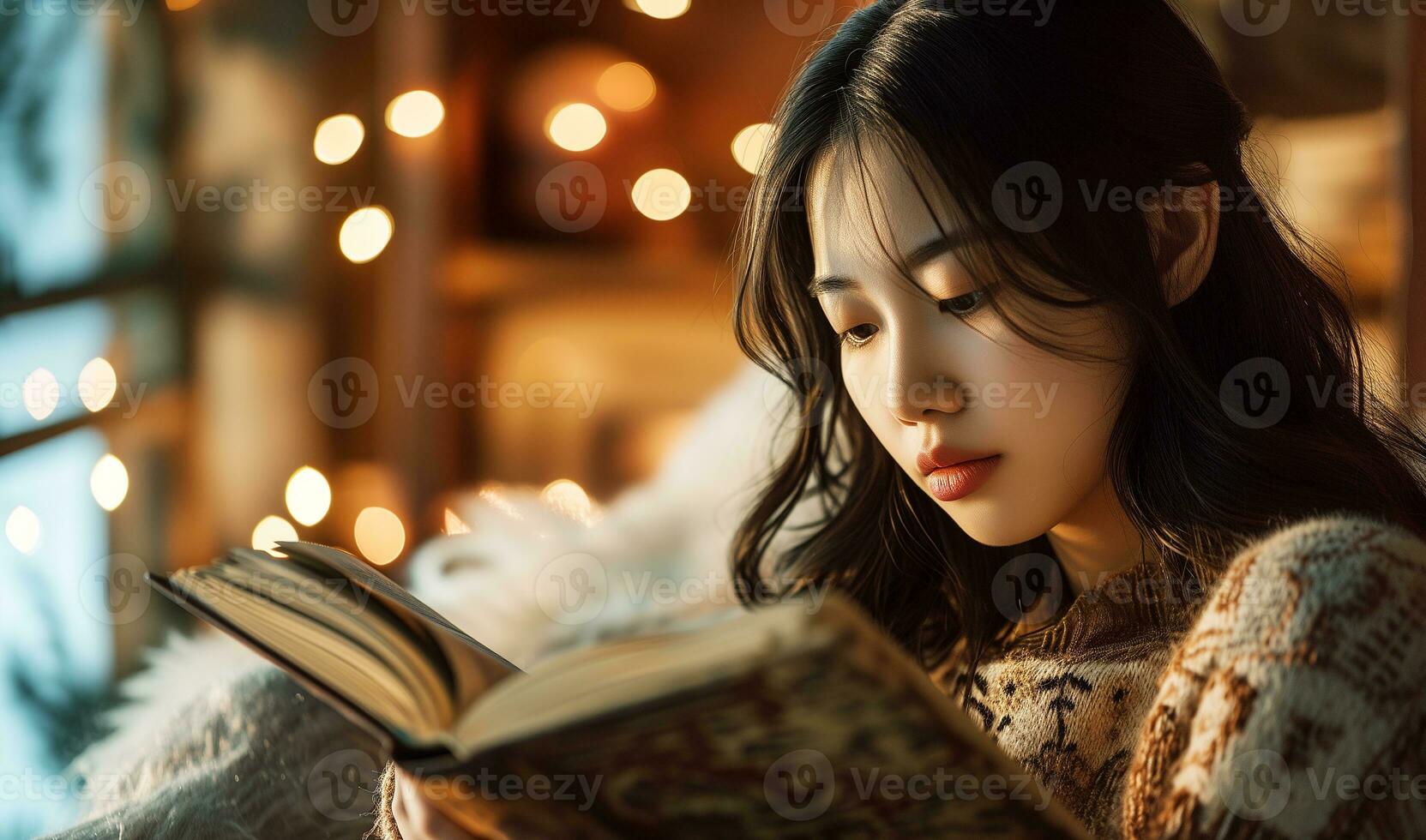 AI generated Young Asian woman is reading a book in a room decorated for the winter holidays. Photorealistic, background with bokeh effect. AI generated. photo